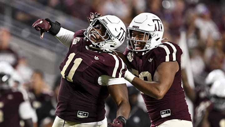 Oct 11, 2025; College Station, Texas, USA; Texas A&M Aggies defensive tackle Tyler Onyedim (11) reacts during the fourth quarter against the Florida Gators at Kyle Field. Mandatory Credit: Maria Lysaker-Imagn Images Oct 11, 2025; College Station, Texas, USA; Texas A&M Aggies defensive tackle Tyler Onyedim (11) reacts during the fourth quarter against the Florida Gators at Kyle Field. Mandatory Credit: Maria Lysaker-Imagn Images