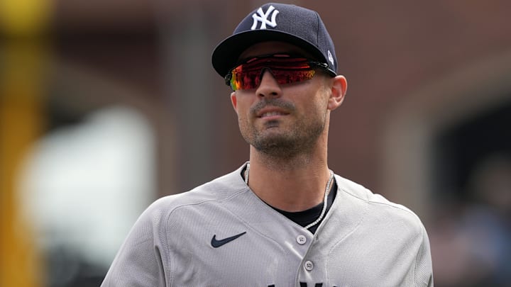 Mar 27, 2026; San Francisco, California, USA; New York Yankees left fielder Randal Grichuk (34) before the game against the San Francisco Giants at Oracle Park. Mandatory Credit: Darren Yamashita-Imagn Images
