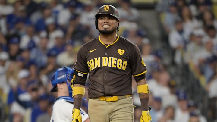 San Diego Padres first baseman Luis Arraez reacts at bat in the sixth inning against the Los Angeles Dodgers during Game 5 of the NLDS at Dodger Stadium in Los Angeles on Oct. 11, 2024. San Diego Padres first baseman Luis Arraez reacts at bat in the sixth inning against the Los Angeles Dodgers during Game 5 of the NLDS at Dodger Stadium in Los Angeles on Oct. 11, 2024.