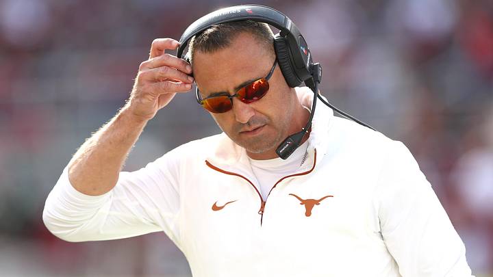 Texas Longhorns coach Steve Sarkisian during the fourth quarter against the Arkansas Razorbacks at Donald W. Reynolds Razorback Stadium. Texas won 20-10. 