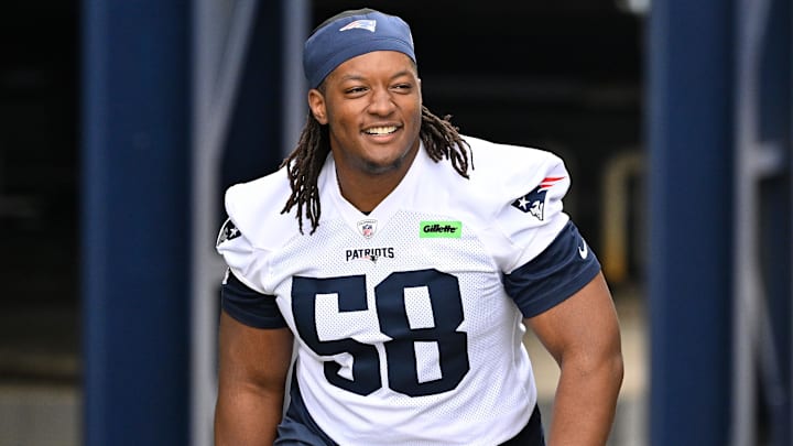 Jun 9, 2025; Foxborough, MA, USA; New England Patriots center Jared Wilson (58) walks to the practice fields at Gillette Stadium. Mandatory Credit: Eric Canha-Imagn Images