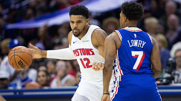Oct 30, 2024; Philadelphia, Pennsylvania, USA; Detroit Pistons forward Tobias Harris (12) dribbles the ball against Philadelphia 76ers guard Kyle Lowry (7) during the first quarter at Wells Fargo Center. Mandatory Credit: Bill Streicher-Imagn Images