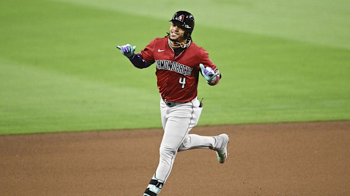 Jun 6, 2024; San Diego, California, USA; Arizona Diamondbacks second baseman Ketel Marte (4) rounds the bases after hitting a two-run home run during the seventh inning against the San Diego Padres at Petco Park. Mandatory Credit: Denis Poroy-USA TODAY Sports at Petco Park. 