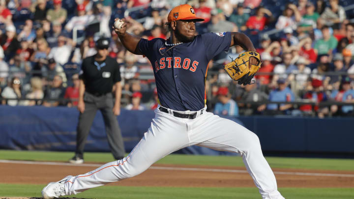 Mar 15, 2024; West Palm Beach, Florida, USA; Houston Astros starting pitcher Ronel Blanco (56)