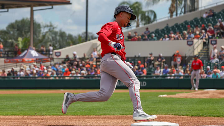 Feb 27, 2025; Lakeland, Florida, USA; Boston Red Sox second baseman Kristian Campbell (28) rounds third during the first inning against the Detroit Tigers at Publix Field at Joker Marchant Stadium. Mandatory Credit: Mike Watters-Imagn Images