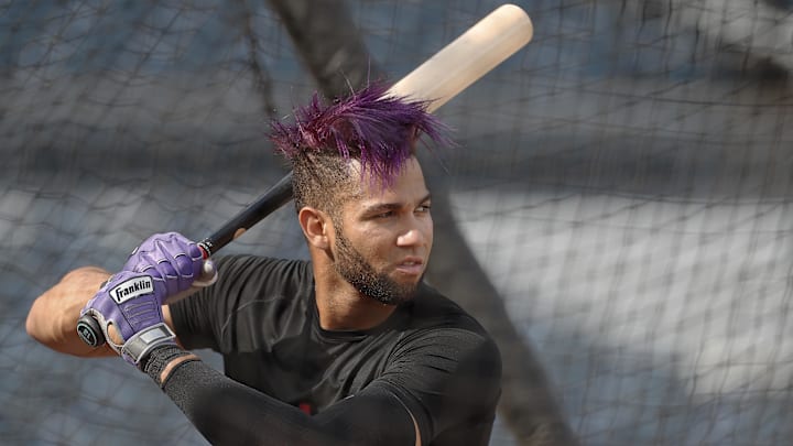 Aug 2, 2024; Pittsburgh, Pennsylvania, USA;  Arizona Diamondbacks left fielder Lourdes Gurriel Jr. (12) in the batting cage before a game against the Pittsburgh Pirates at PNC Park. Mandatory Credit: Charles LeClaire-Imagn Images