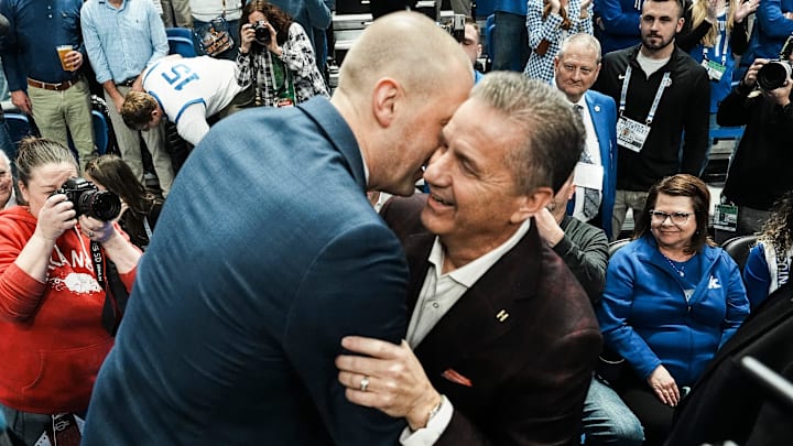 Former UK coach and current Arkansas coach John Calipari hugs Kentucky coach Mark Pope before the game Saturday Feb. 1, 2025 at Rupp Arena in Lexington, Kentucky. Former UK coach and current Arkansas coach John Calipari hugs Kentucky coach Mark Pope before the game Saturday Feb. 1, 2025 at Rupp Arena in Lexington, Kentucky.