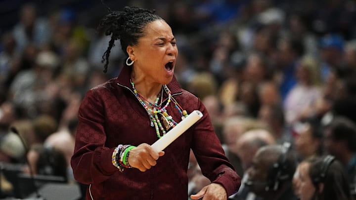 South Carolina Gamecocks head coach Dawn Staley during the NCAA semi-final game against the Texas Longhorns at Amalie Arena in Tampa, Florida, Friday April 4, 2025.