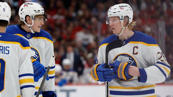 Buffalo Sabres center Tage Thompson (72) talks with Sabres defenseman Rasmus Dahlin (26) prior top a face-off against the Washington Capitals during the second period at Capital One Arena. Mandatory Credit: Geoff Burke-Imagn Images Buffalo Sabres center Tage Thompson (72) talks with Sabres defenseman Rasmus Dahlin (26) prior top a face-off against the Washington Capitals during the second period at Capital One Arena. Mandatory Credit: Geoff Burke-Imagn Images