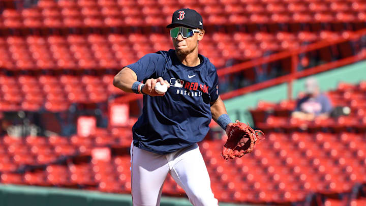 May 16, 2025; Boston, Massachusetts, USA; Boston Red Sox second baseman Kristian Campbell (28) warms up before a game against the Atlanta Braves at Fenway Park. Mandatory Credit: Eric Canha-Imagn Images