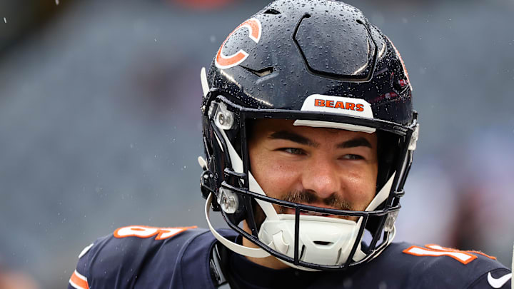 Oct 19, 2025; Chicago, Illinois, USA; Chicago Bears kicker Jake Moody (16) practices against the New Orleans Saints before the game at Soldier Field. Mandatory Credit: Mike Dinovo-Imagn Images