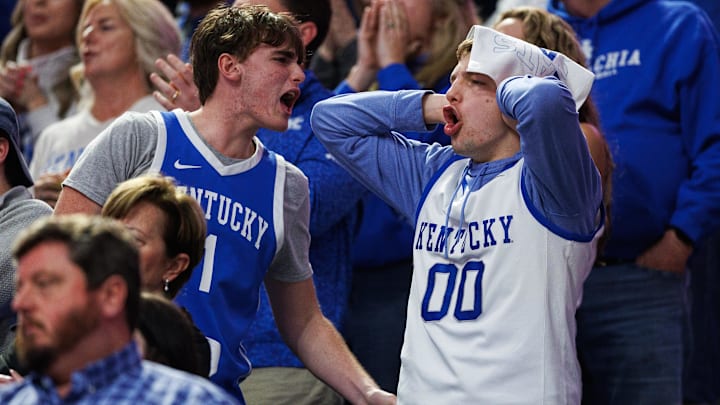 Feb 17, 2026; Lexington, Kentucky, USA; Kentucky Wildcats fans react to the action during the second half against the Georgia Bulldogs at Rupp Arena at Central Bank Center. Mandatory Credit: Jordan Prather-Imagn Images