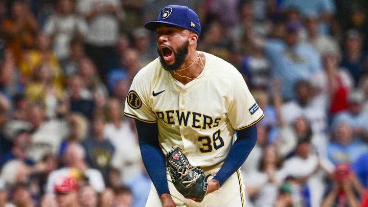 Sep 18, 2024; Milwaukee, Wisconsin, USA; Milwaukee Brewers pitcher Devin Williams (38) reacts after pitching in the ninth inning against the Philadelphia Phillies at American Family Field. Mandatory Credit: Benny Sieu-Imagn Images
