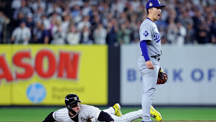 Oct 30, 2024; New York, New York, USA; New York Yankees outfielder Alex Verdugo (24) steals second base during the second inning against the Los Angeles Dodgers in game four of the 2024 MLB World Series at Yankee Stadium. Mandatory Credit: Brad Penner-Imagn Images Oct 30, 2024; New York, New York, USA; New York Yankees outfielder Alex Verdugo (24) steals second base during the second inning against the Los Angeles Dodgers in game four of the 2024 MLB World Series at Yankee Stadium. Mandatory Credit: Brad Penner-Imagn Images
