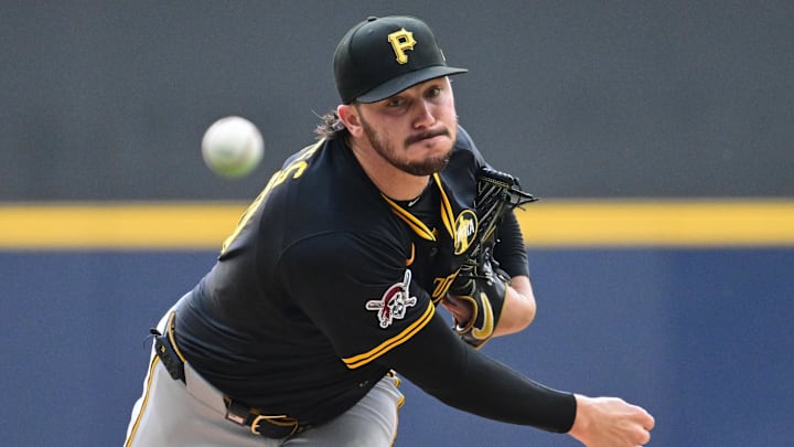 Aug 12, 2025; Milwaukee, Wisconsin, USA;  Pittsburgh Pirates starting pitcher Paul Skenes (30) throws a pitch in the first inning against the Milwaukee Brewers at American Family Field. Mandatory Credit: Benny Sieu-Imagn Images
