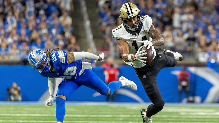 Sep 13, 2026; Detroit, Michigan, USA; New Orleans Saints wide receiver Devaughn Vele (14) makes a reception in front of Detroit Lions defensive back Avonte Maddox (29) during the fourth quarter at Ford Field. Mandatory Credit: David Reginek-Imagn Images Sep 13, 2026; Detroit, Michigan, USA; New Orleans Saints wide receiver Devaughn Vele (14) makes a reception in front of Detroit Lions defensive back Avonte Maddox (29) during the fourth quarter at Ford Field. Mandatory Credit: David Reginek-Imagn Images