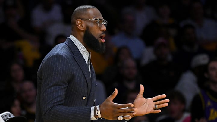 Feb 9, 2023; Los Angeles, California, USA;   Los Angeles Lakers forward LeBron James (6) reacts on the bench after a foul call in the first half against the Milwaukee Bucks at Crypto.com Arena. Mandatory Credit: Jayne Kamin-Oncea-Imagn Images