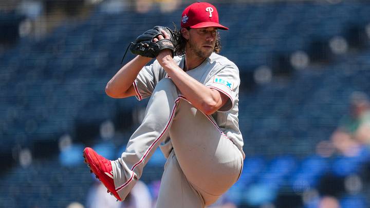 Jul 5, 2026; Kansas City, Missouri, USA; Philadelphia Phillies pitcher Aaron Nola (27) pitches during the first inning against the Kansas City Royals at Kauffman Stadium. Jul 5, 2026; Kansas City, Missouri, USA; Philadelphia Phillies pitcher Aaron Nola (27) pitches during the first inning against the Kansas City Royals at Kauffman Stadium.