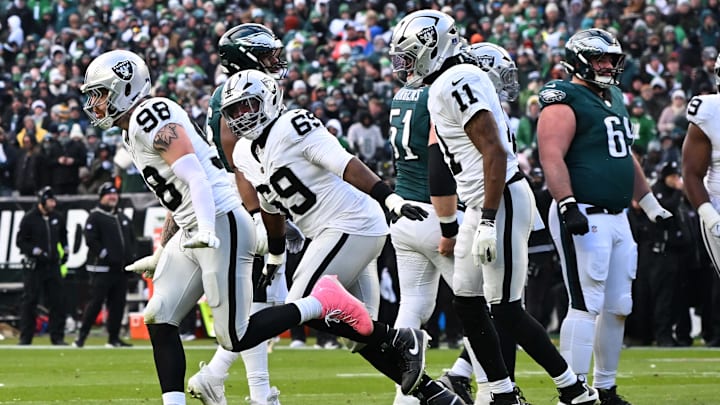 Dec 14, 2025; Philadelphia, Pennsylvania, USA; Las Vegas Raiders defensive end Maxx Crosby (98) celebrates his sacks of Philadelphia Eagles quarterback Jalen Hurts (1) (not pictured) during the second quarter at Lincoln Financial Field. Mandatory Credit: Eric Hartline-Imagn Images