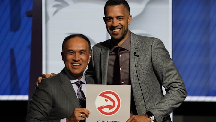 May 12, 2024; Chicago, IL, USA; Atlanta Hawks general manager Landry Fields (right) and Mark
