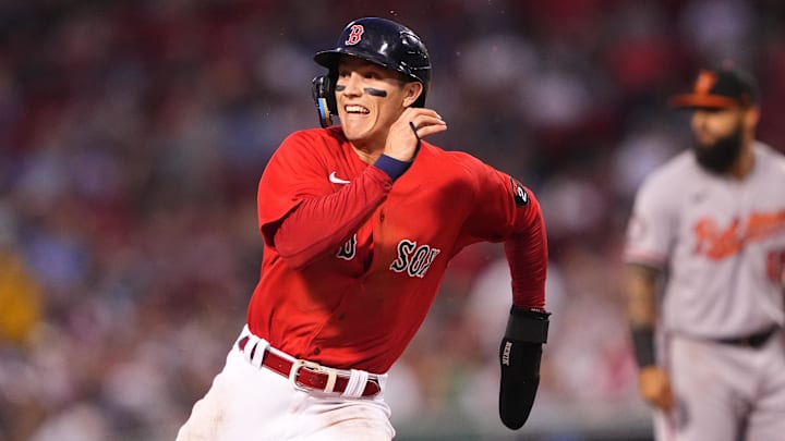 Aug 11, 2022; Boston, Massachusetts, USA; Boston Red Sox center fielder Jarren Duran (40) rounds the