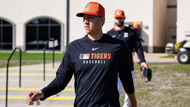 Detroit Tigers pitcher Wilmer Flores walks out of clubhouse for practice during spring training at TigerTown in Lakeland, Fla. on Tuesday, Feb. 18, 2025.