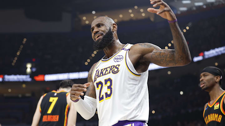 Apr 6, 2025; Oklahoma City, Oklahoma, USA; Los Angeles Lakers forward LeBron James (23) gestures after a play against the Oklahoma City Thunder during the second quarter at Paycom Center. Mandatory Credit: Alonzo Adams-Imagn Images