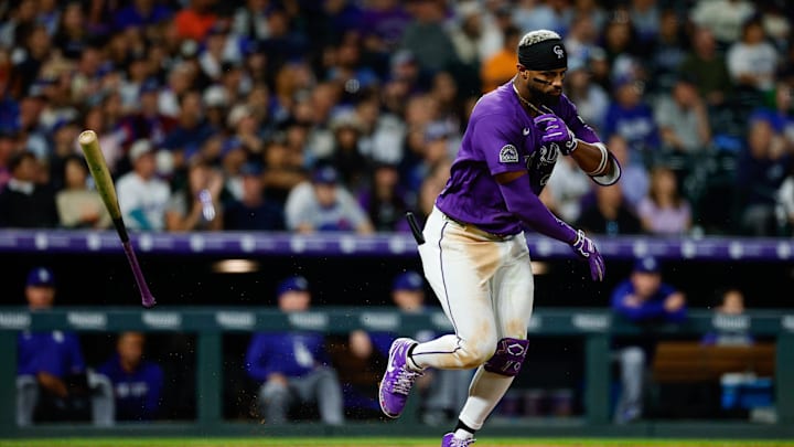 Apr 20, 2026; Denver, Colorado, USA; Colorado Rockies second baseman Willi Castro (3) throws his bat after a pop-up single in the seventh inning against the Los Angeles Dodgers at Coors Field. Mandatory Credit: Isaiah J. Downing-Imagn Images
