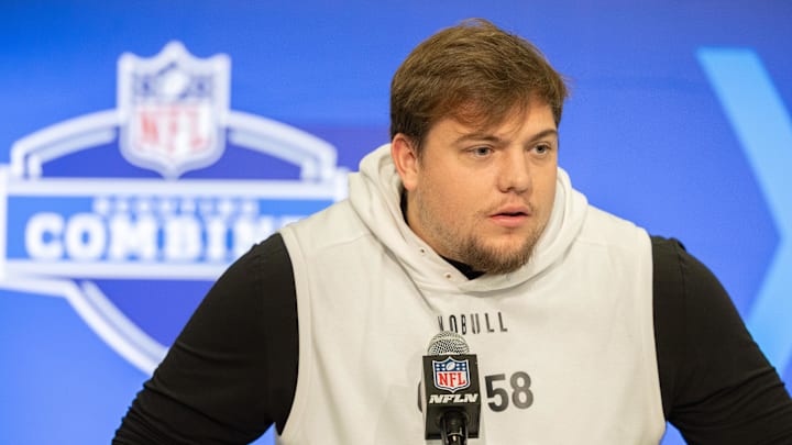 Mar 2, 2024; Indianapolis, IN, USA; Oregon offensive lineman Jackson Powers-Johnson (OL58).