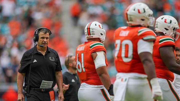 Nov 18, 2023; Miami Gardens, Florida, USA; Miami Hurricanes head coach Mario Cristobal looks on from the field against the Louisville Cardinals during the third quarter at Hard Rock Stadium. Mandatory Credit: Sam Navarro-USA TODAY Sports