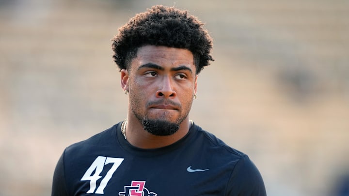 Sep 14, 2024; Berkeley, California, USA; San Diego State Aztecs edge Trey White (47) before the game against the California Golden Bears at California Memorial Stadium. Sep 14, 2024; Berkeley, California, USA; San Diego State Aztecs edge Trey White (47) before the game against the California Golden Bears at California Memorial Stadium.