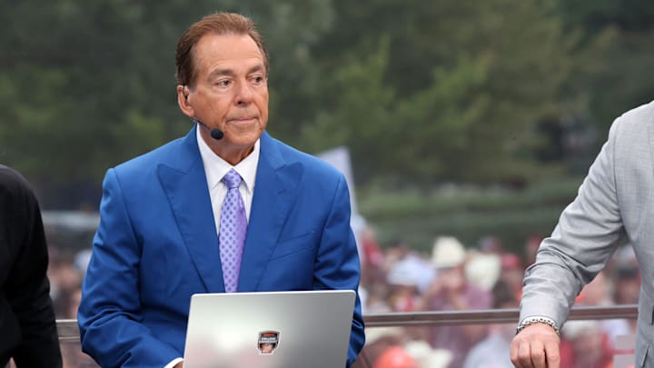 Former Alabama coach Nick Saban is on stage at ESPN College GameDay ahead of the University of Oklahoma-Michigan College football game on Sep 6, 2025 in Norman.