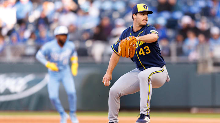 Apr 4, 2026; Kansas City, Missouri, USA; Milwaukee Brewers pitcher Logan Henderson (43) pitches during the first inning against the Kansas City Royals  at Kauffman Stadium. Mandatory Credit: William Purnell-Imagn Images