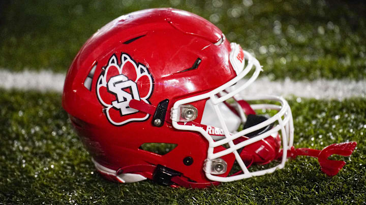 A general view of a South Dakota Coyotes helmet. 