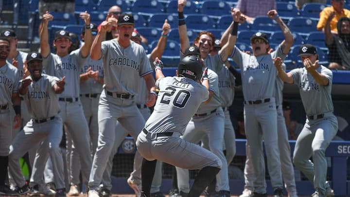 May 21 2024; Hoover, AL, USA; South Carolina hitter Ethan Petry celebrates his solo homer in the third inning agains Alabama at the Hoover Met on the opening day of the SEC Tournament. The Gamecocks hit three homers in the inning including a grand slam.