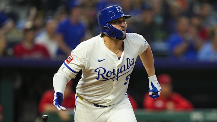 Kansas City Royals first baseman Vinnie Pasquantino (9) watches a home run during the fourth inning against the Los Angeles Angels at Kauffman Stadium. 