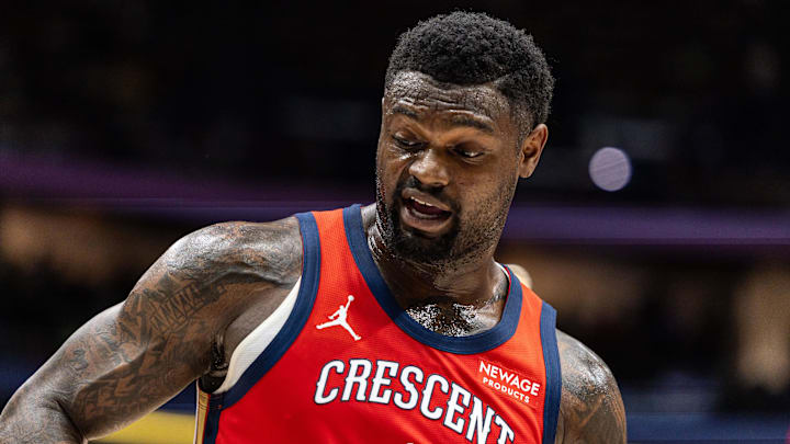 Jan 2, 2026; New Orleans, Louisiana, USA; New Orleans Pelicans forward Zion Williamson (1) looks on against the Portland Trail Blazers during the first half at Smoothie King Center. Mandatory Credit: Stephen Lew-Imagn Images Jan 2, 2026; New Orleans, Louisiana, USA; New Orleans Pelicans forward Zion Williamson (1) looks on against the Portland Trail Blazers during the first half at Smoothie King Center. Mandatory Credit: Stephen Lew-Imagn Images