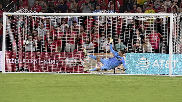 Aug 4, 2024; St. Louis, Missouri, USA; St. Louis City goalkeeper Ben Lundt (39) is unable to stop a penalty kick by FC Juarez at CITYPARK. Mandatory Credit: Joe Puetz-USA TODAY Sports