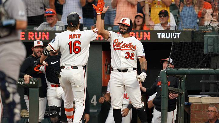 Aug 18, 2026; Baltimore, Maryland, USA; Baltimore Orioles first baseman Coby Mayo (16) greeted by third baseman Christian Encarnacion-Strand (32) following his solo home run during the third inning against the New York Yankees at Oriole Park at Camden Yards. Mandatory Credit: Mitch Stringer-Imagn Images Aug 18, 2026; Baltimore, Maryland, USA; Baltimore Orioles first baseman Coby Mayo (16) greeted by third baseman Christian Encarnacion-Strand (32) following his solo home run during the third inning against the New York Yankees at Oriole Park at Camden Yards. Mandatory Credit: Mitch Stringer-Imagn Images