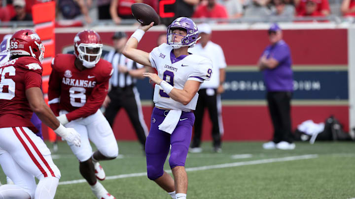 Sep 2, 2023; Little Rock, Arkansas, USA; Western Carolina Catamounts quarterback Cole Gonzales (9) passes in the third quarter against the Arkansas Razorbacks at War Memorial Stadium. Arkansas won 56-13. Mandatory Credit: Nelson Chenault-Imagn Images