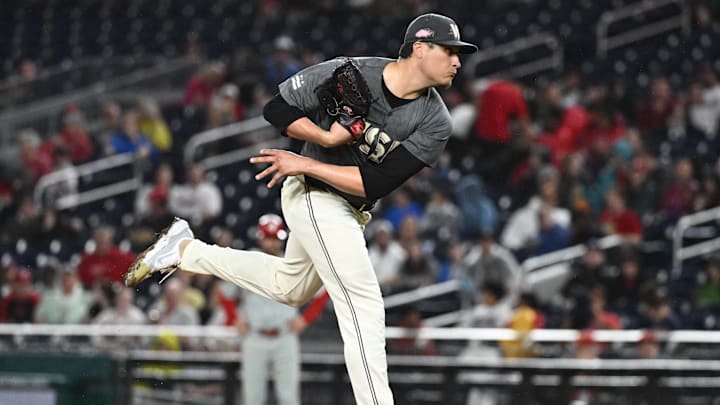 Sep 27, 2024; Washington, District of Columbia, USA;  Washington Nationals pitcher Robert Garcia (61) delivers pitch against the Philadelphia Phillies during the sixth inning at Nationals Park. 
