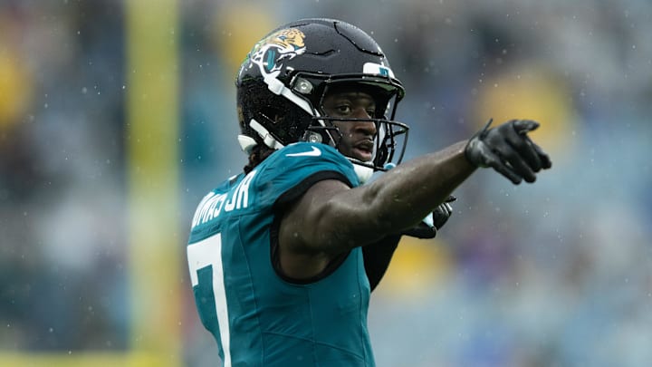 Dec 29, 2024; Jacksonville, Florida, USA; Jacksonville Jaguars wide receiver Brian Thomas Jr (7) celebrates the first down against the the Tennessee Titans in the second quarter at EverBank Stadium. Mandatory Credit: Jeremy Reper-Imagn Images