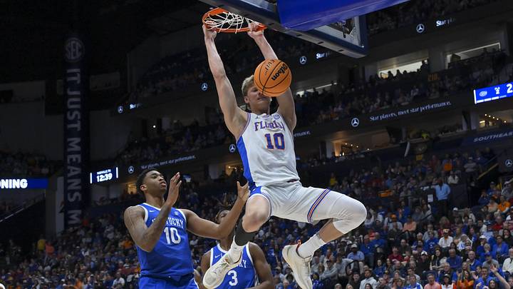Mar 13, 2026; Nashville, TN, USA; Florida Gators forward Thomas Haugh (10) dunks the ballKentucky Wildcats during the first half at Bridgestone Arena. Mandatory Credit: Steve Roberts-Imagn Images Mar 13, 2026; Nashville, TN, USA; Florida Gators forward Thomas Haugh (10) dunks the ballKentucky Wildcats during the first half at Bridgestone Arena. Mandatory Credit: Steve Roberts-Imagn Images