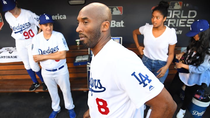 Kobe Bryant spent time in the Dodgers' dugout before Game 4 of the 2018 World Series against the Red Sox.