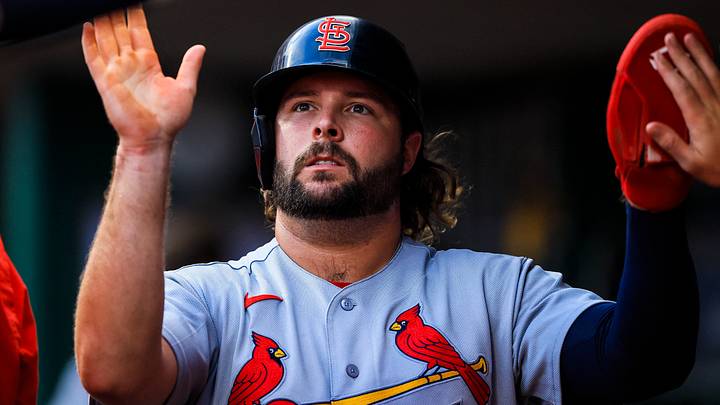 Aug 17, 2026; Cincinnati, Ohio, USA; St. Louis Cardinals first baseman Alec Burleson (41) high fives teammates after scoring on a RBI single hit by shortstop Masyn Winn (not pictured) in the fourth inning against the Cincinnati Reds at Great American Ball Park. Mandatory Credit: Katie Stratman-Imagn Images