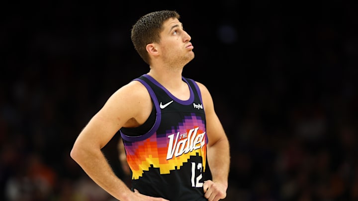 Feb 22, 2026; Phoenix, Arizona, USA; Phoenix Suns guard Collin Gillespie (12) reacts against the Portland Trail Blazers in the second half at Mortgage Matchup Center. Mandatory Credit: Mark J. Rebilas-Imagn Images