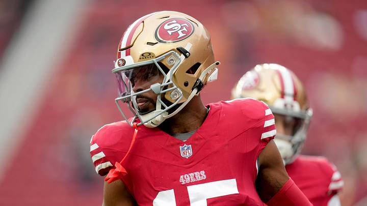 Dec 14, 2025; Santa Clara, California, USA;  San Francisco 49ers wide receiver Jauan Jennings (15) warms up prior to the first half against the Tennessee Titans at Levi's Stadium. 
