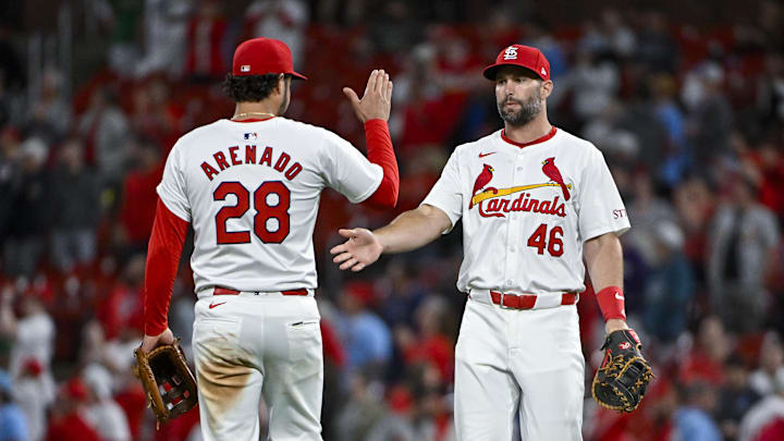 Apr 9, 2024; St. Louis, Missouri, USA; St. Louis Cardinals first baseman Paul Goldschmidt (46) celebrates with third baseman Nolan Arenado (28) after the Cardinals defeated the Philadelphia Phillies at Busch Stadium. Mandatory Credit: Jeff Curry-Imagn Images Apr 9, 2024; St. Louis, Missouri, USA; St. Louis Cardinals first baseman Paul Goldschmidt (46) celebrates with third baseman Nolan Arenado (28) after the Cardinals defeated the Philadelphia Phillies at Busch Stadium. Mandatory Credit: Jeff Curry-Imagn Images