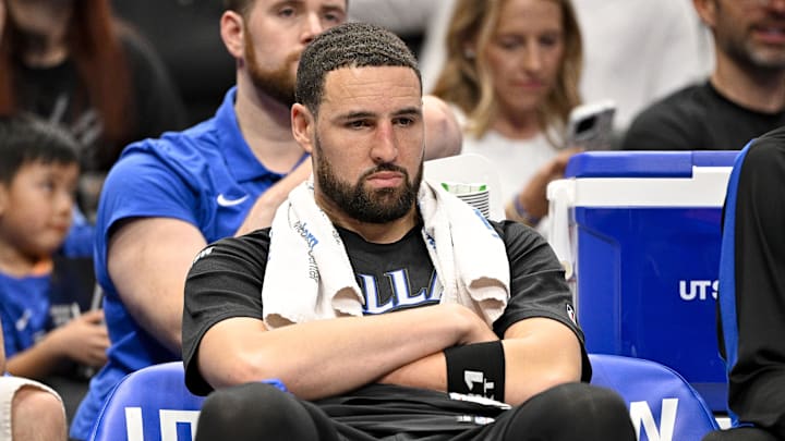 Mar 30, 2026; Dallas, Texas, USA; Dallas Mavericks guard Klay Thompson (31) looks on from the bench during the second half against the Minnesota Timberwolves at the American Airlines Center. Mandatory Credit: Jerome Miron-Imagn Images