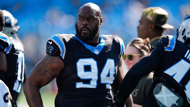 Nov 9, 2025; Charlotte, North Carolina, USA; Carolina Panthers defensive end A'Shawn Robinson (94) looks on before the game against the New Orleans Saints at Bank of America Stadium. Mandatory Credit: Jim Dedmon-Imagn Images
